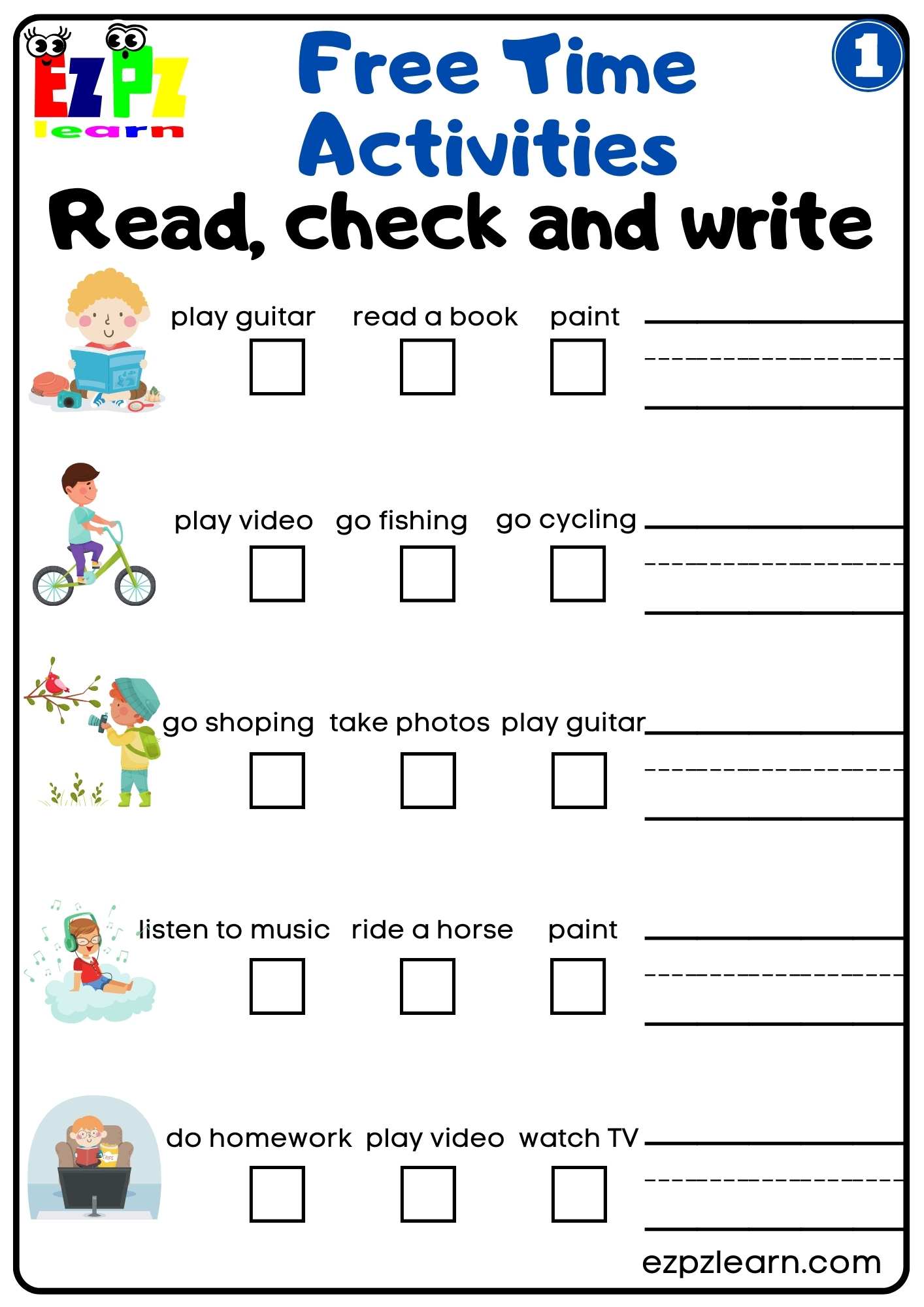 Free Time Activities Easy Read Check and Write Worksheet Activity for Children and ESL Students Free PDF Download Group 1